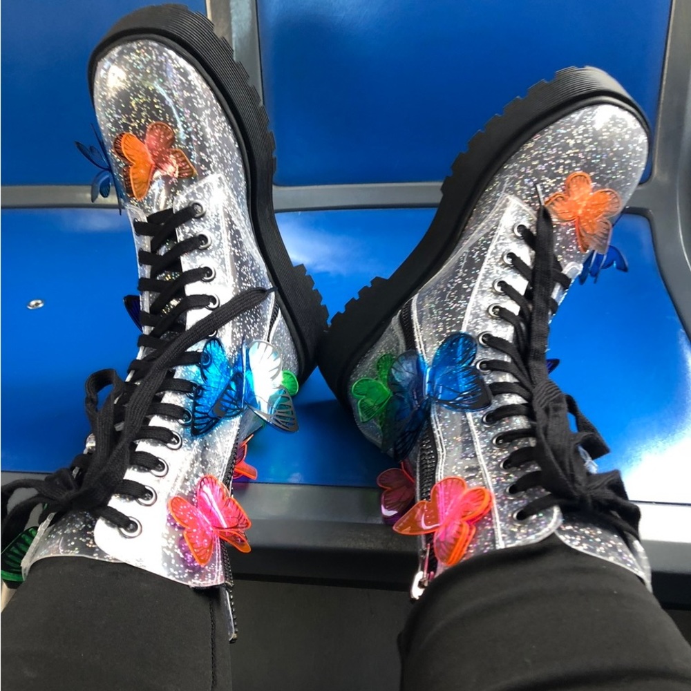 Clear sparkled boots with colorful butterflies on them, so cool